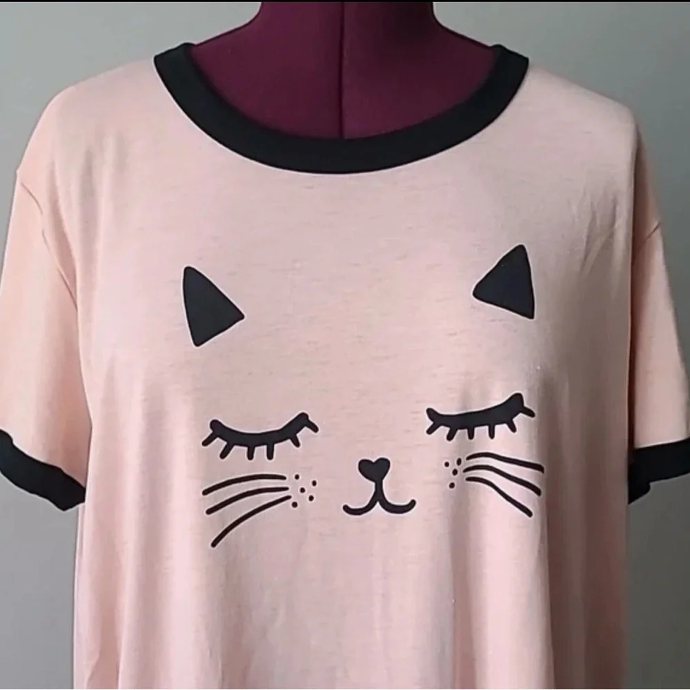 Cute Cat Face LuLaRoe Liv T-Shirt - Pink and Black